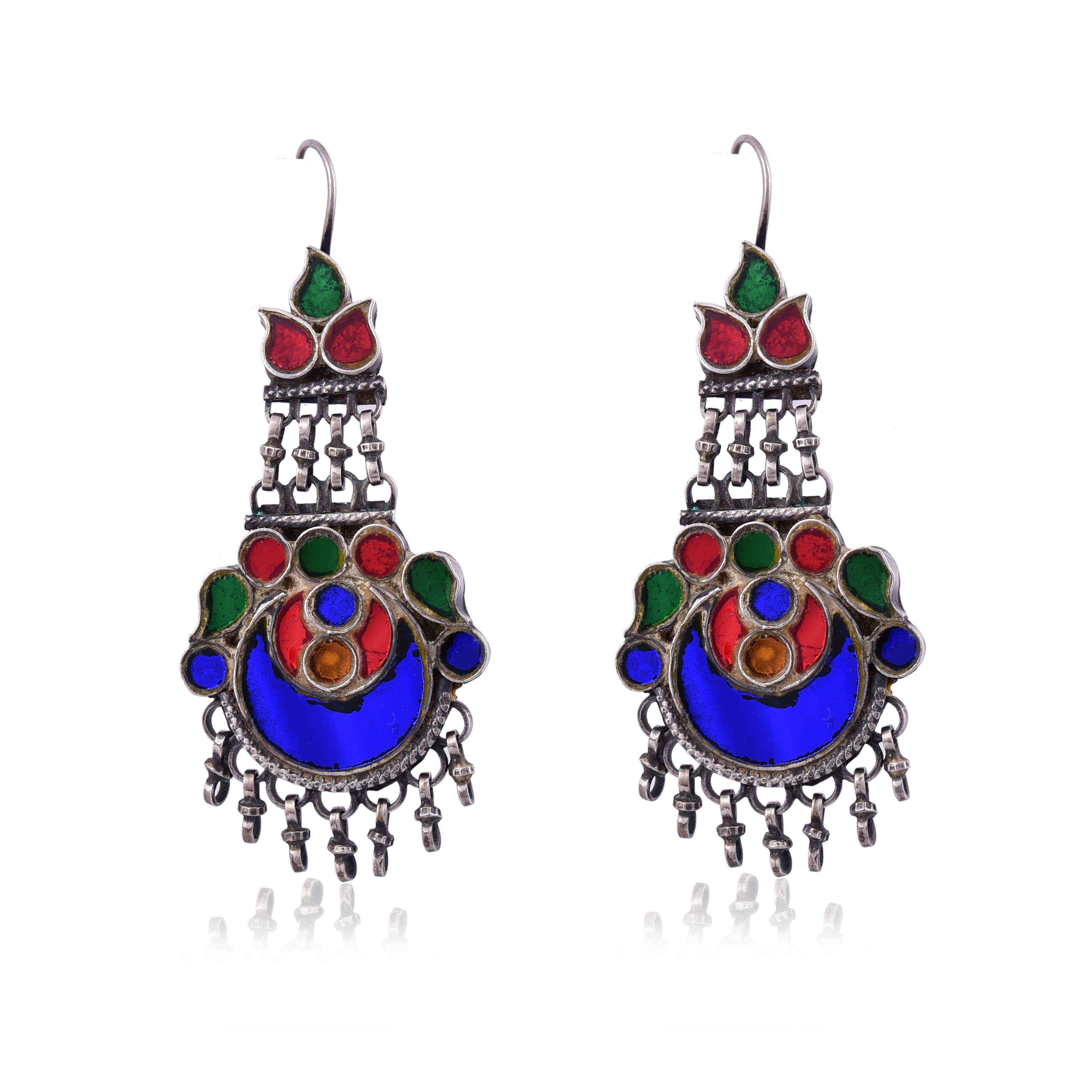 Silver oxidised Multi Glass Stone drop Earring ;SKU5828